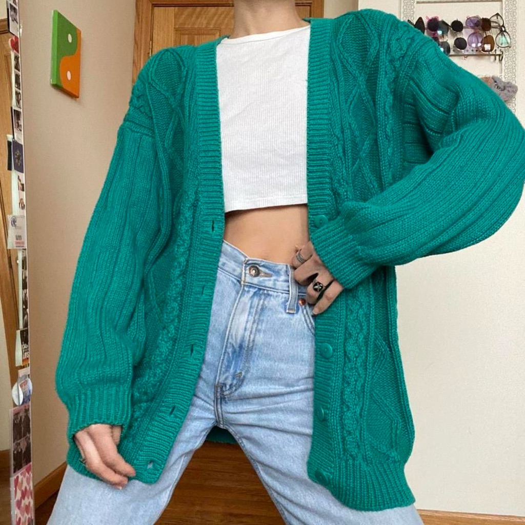 Vintage Teal Green Cable Knit Cardigan Sweater